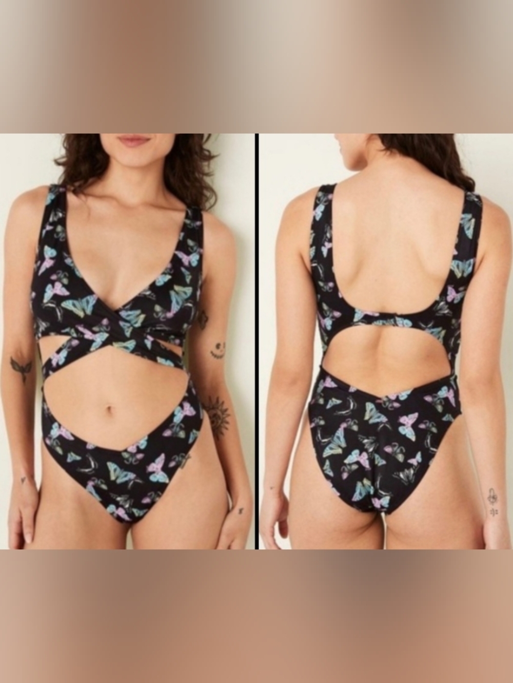 L PINK Swim Body Wrap One Piece Swimsuit Butterfly Print